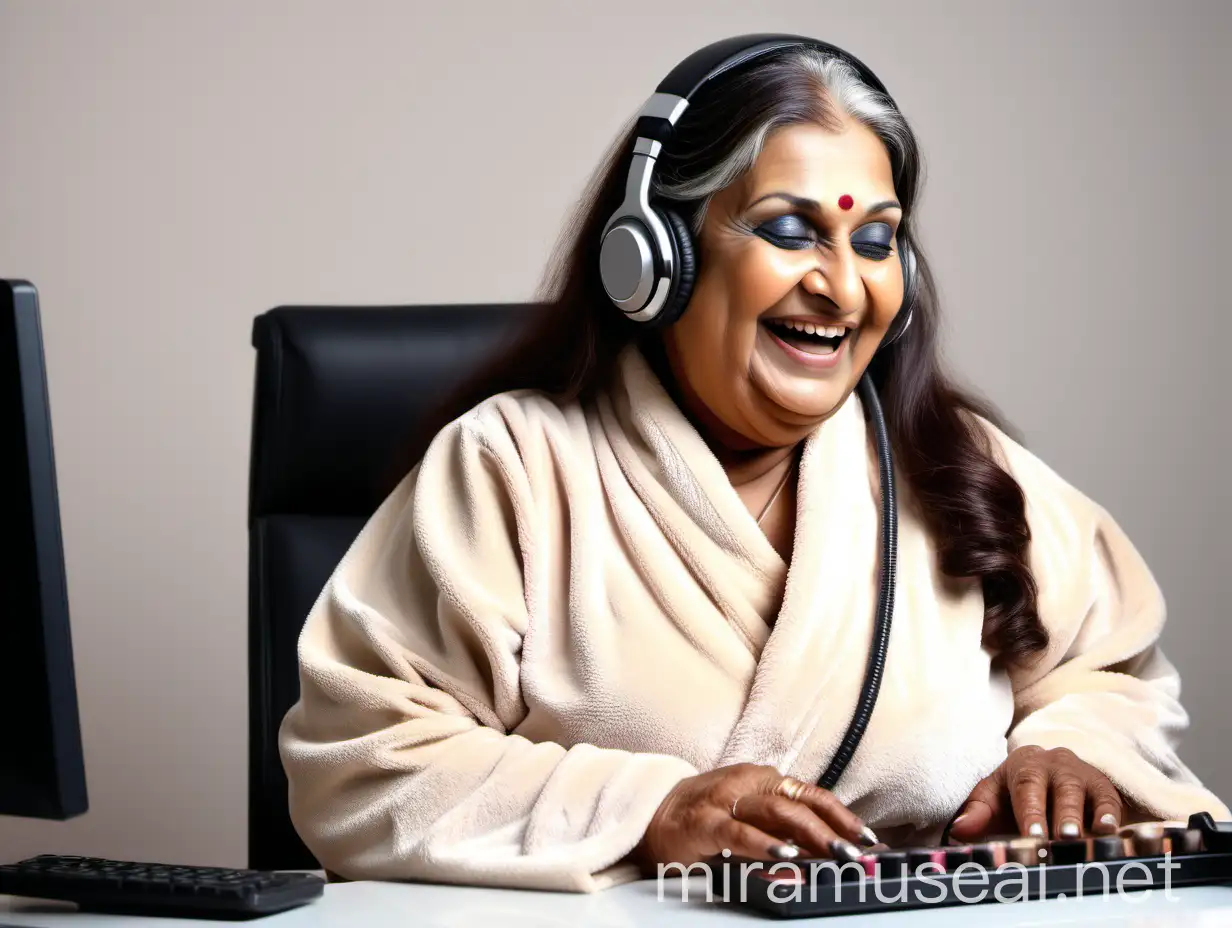 Happy Indian Mature Woman in Robe Laughing Near Desktop