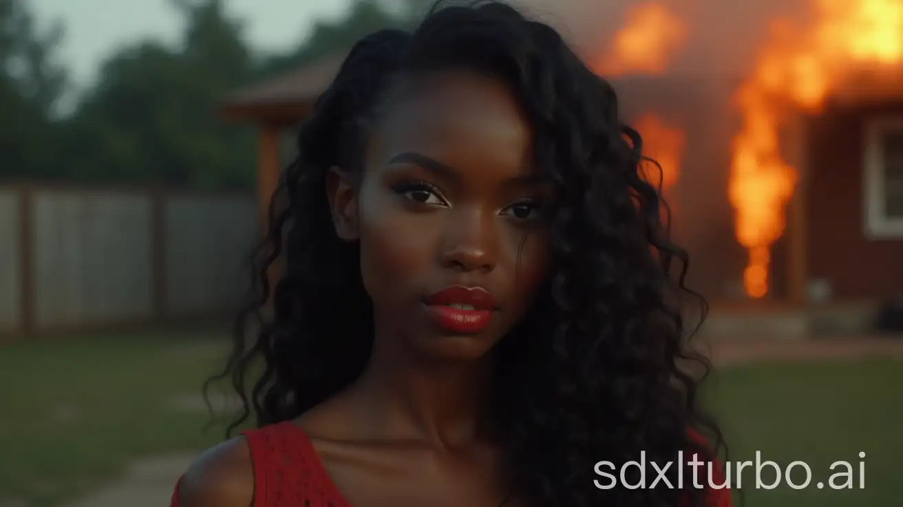 UHD,VOLUMETRIC,CINEMATIC,AMBIENT OCCLUSION,BEAUTIFUL 25 YEAR OLD BLACK WOMAN WITH LONG BLACK HAIR  TO HER SHOLUDERS RED LIPSTICK AND PRETTY EYELASHES STANDING OUTSIDE HER HOUSE BURNING IN THE BACKGROUND