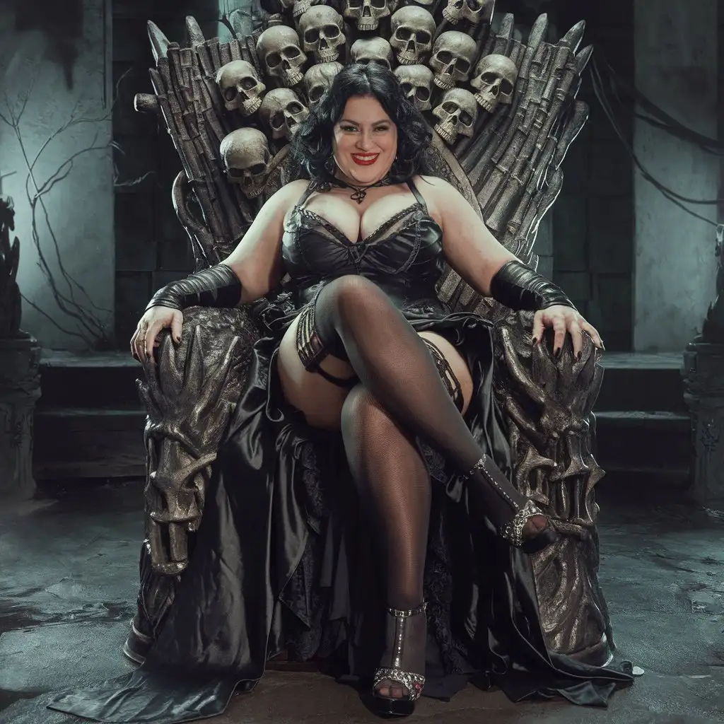  A captivating and dramatic photo of chubby mature granny evil latina female, sitting on a menacing throne adorned with skulls. She is dressed in a revealing black gown with a massive neckline, stockings, and high sandals.  crosses one leg, revealing her toned, full thigh, while her evil smile and seductive gaze exude a mysterious and alluring aura. The throne room is dimly lit, with eerie shadows and a sense of foreboding., photo