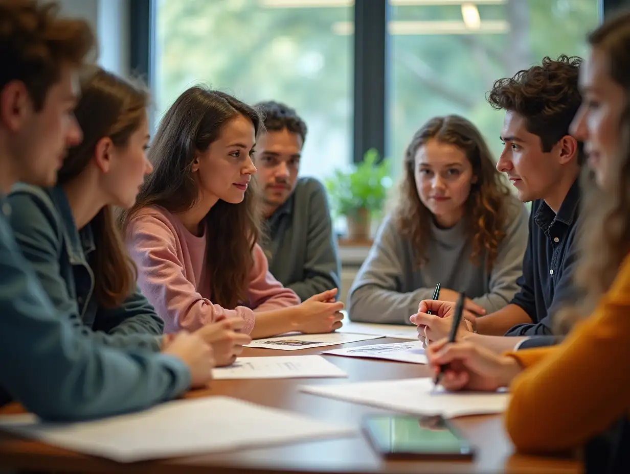 Group of Young People Sitting Around a Table, The collaborative spirit of students working together in a group project, brainstorming ideas and creating presentations