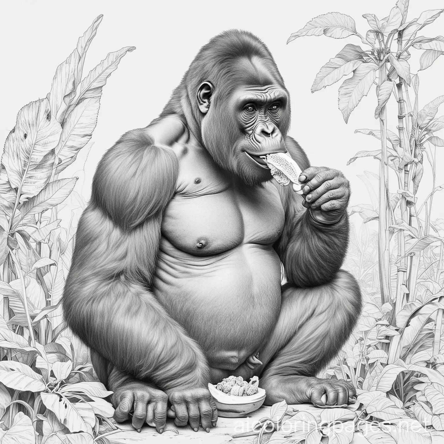 gorilla eating banana, Coloring Page, black and white, line art, white background, Simplicity, Ample White Space. The background of the coloring page is plain white to make it easy for young children to color within the lines. The outlines of all the subjects are easy to distinguish, making it simple for kids to color without too much difficulty