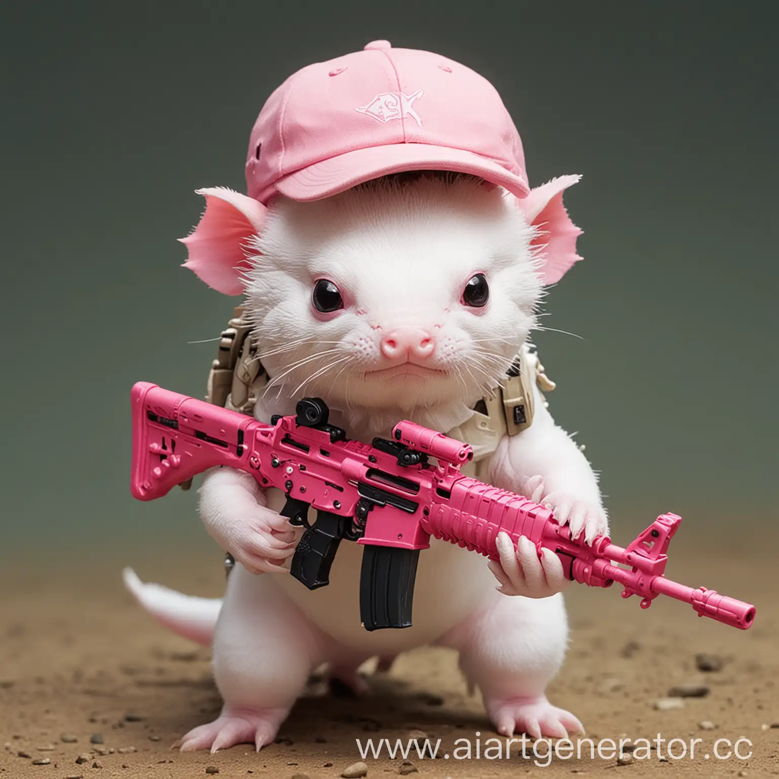 Pink-and-White-Axolotl-with-BEAR-Cap-Holding-Automatic-Weapons