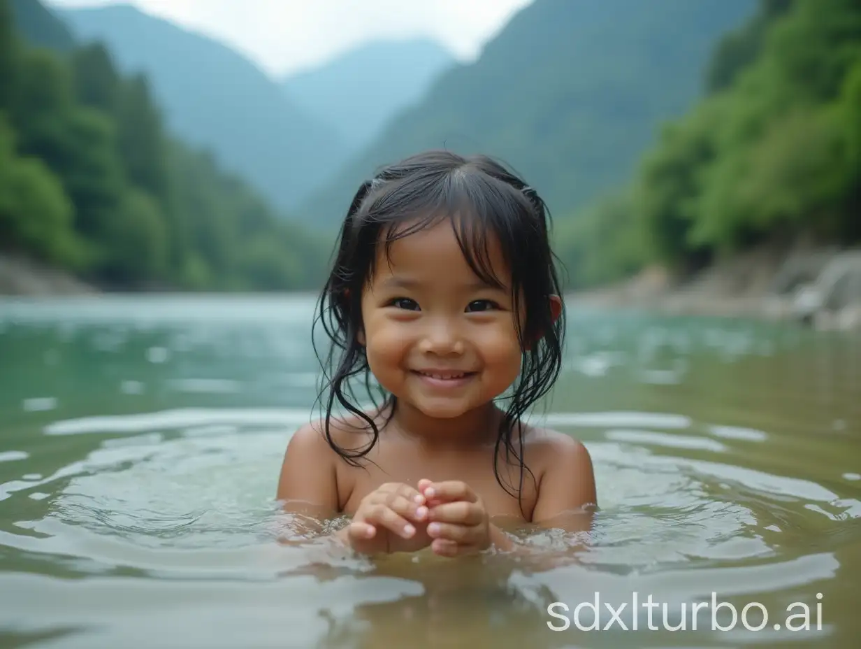 Indonesian-Girl-Bathing-in-River-Near-Majestic-Mountains