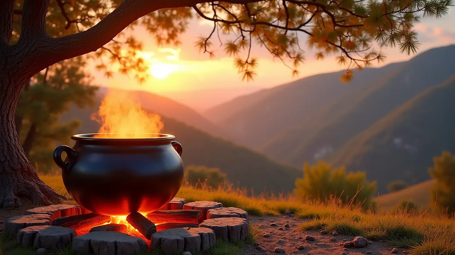 Outdoor Boiling Cauldron with Almond Tree and Mountainous Sky