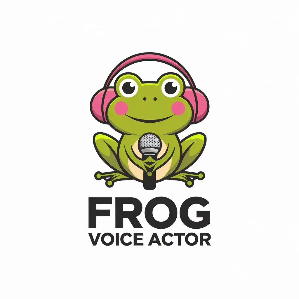 a vector logo design,with the text "frog voice actor", main symbol:Cute frog, smile, microphone, pink headphones,Minimalistic,be used in Animals Pets industry,clear background