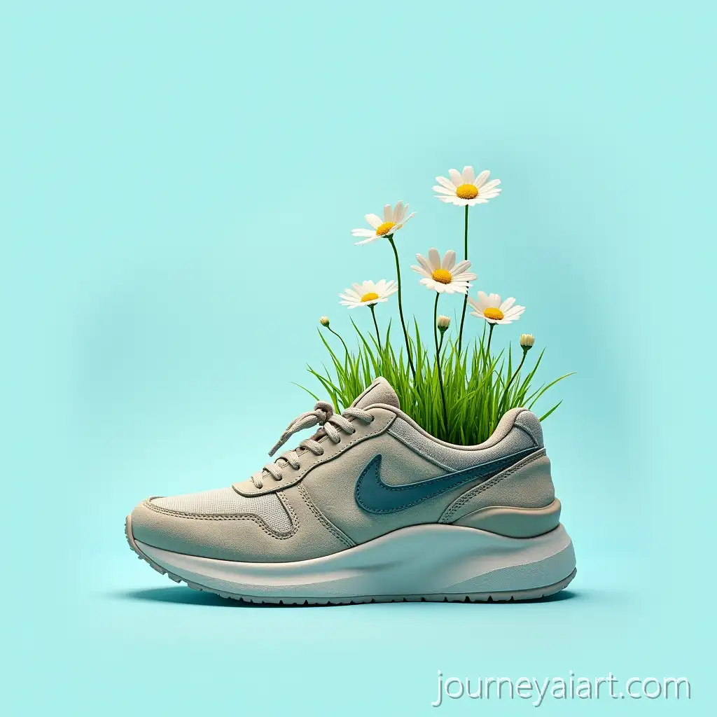 UltraRealistic-Sneaker-with-Grass-and-Flowers-Growing-on-Pastel-Blue-Background