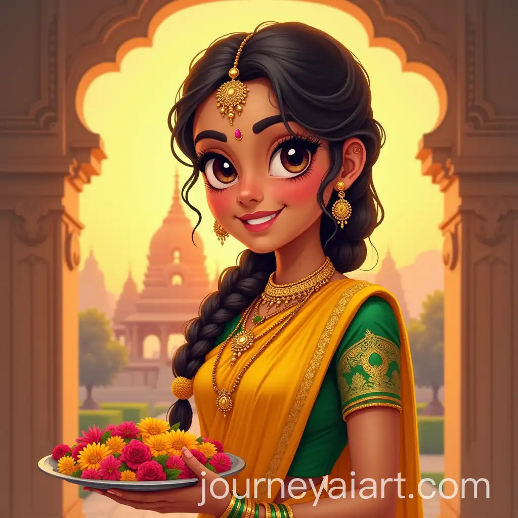 Young-South-Indian-Woman-in-Traditional-Attire-Holding-Flowers-at-Temple-in-Golden-Light