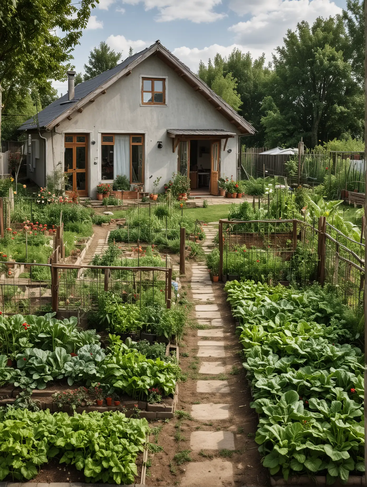 Rural house with yard,Modern style house, There is a vegetable patch in the yard