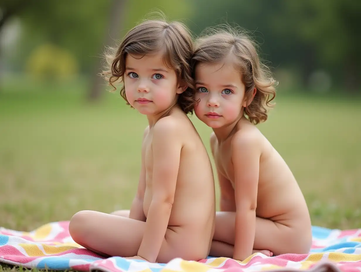 Two-Little-Girls-Kneeling-Outdoors-on-Colorful-Blanket-with-Blue-Eyes-and-Brown-Hair