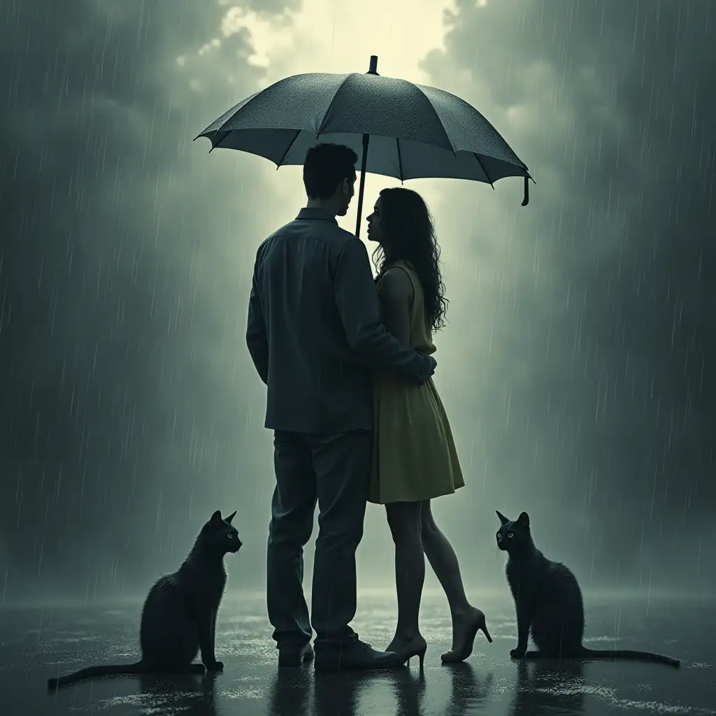 Romantic Couple Embracing Under Umbrella with Mystical Sunlight and Wet Cats in Rainy Background