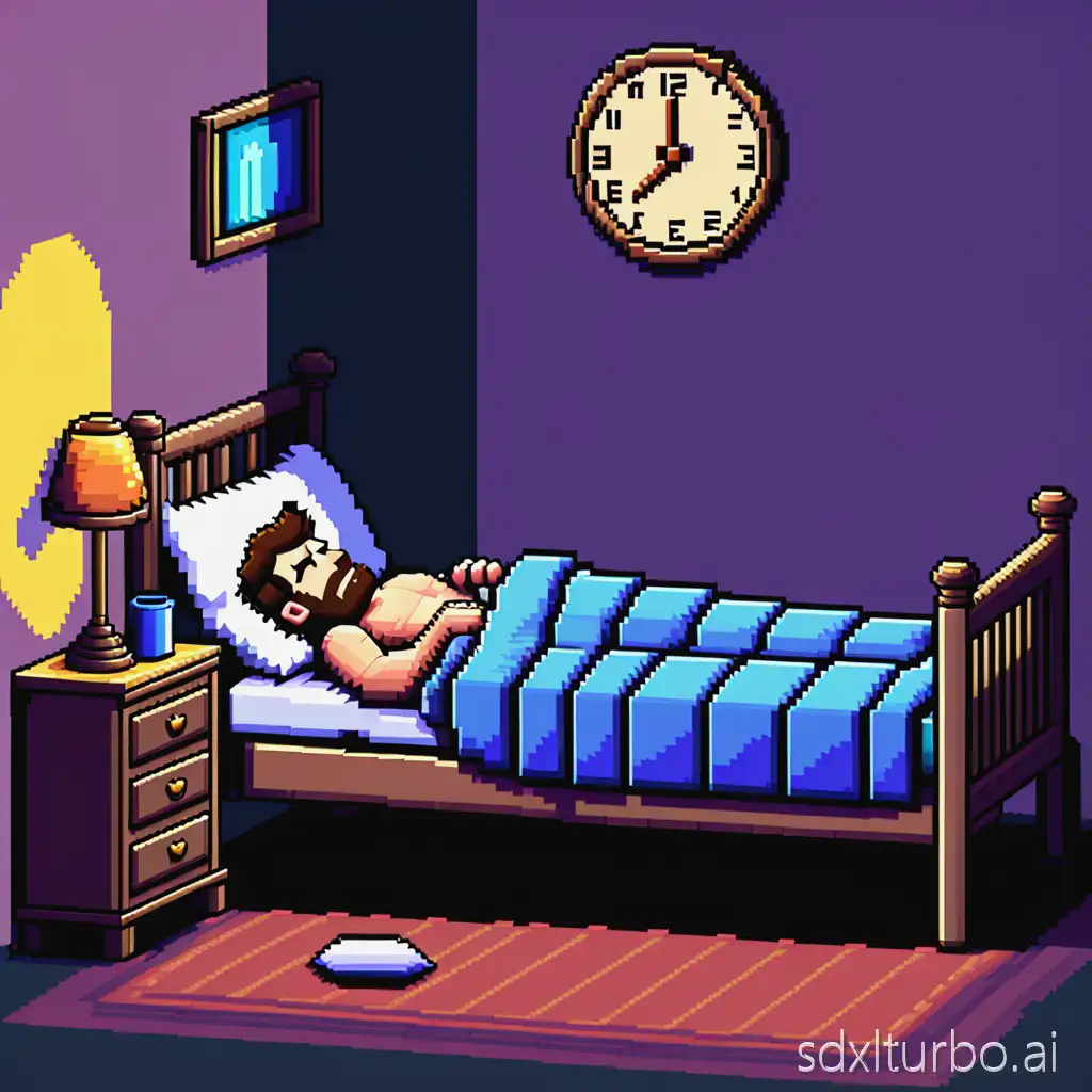 Pixel art, 8 bit, side scrolling game , man sleeping in bed, sprite