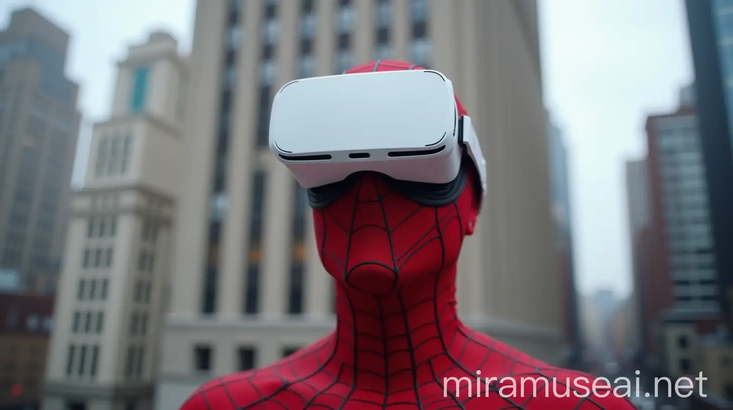 SpiderMan Using White VR Headset in Urban Building Setting