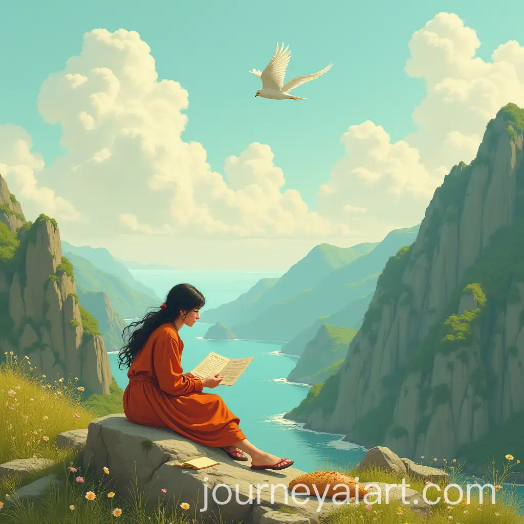 Poet-Contemplates-the-Sea-from-a-Mountain-Rock-with-a-Woman-Baking-Bread-Nearby