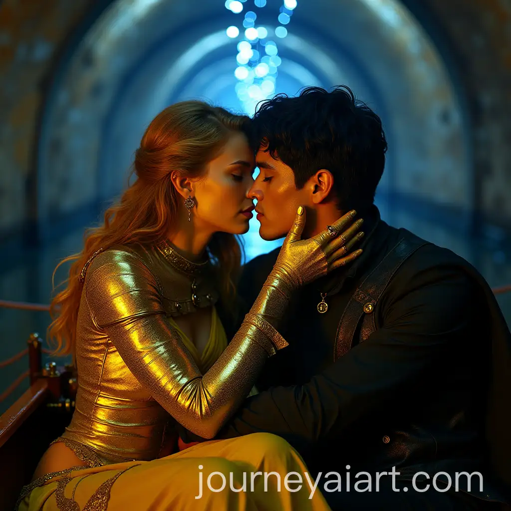 Fated-Lovers-Reunited-Golden-Woman-and-Shadowy-Man-in-a-Canal-Kiss