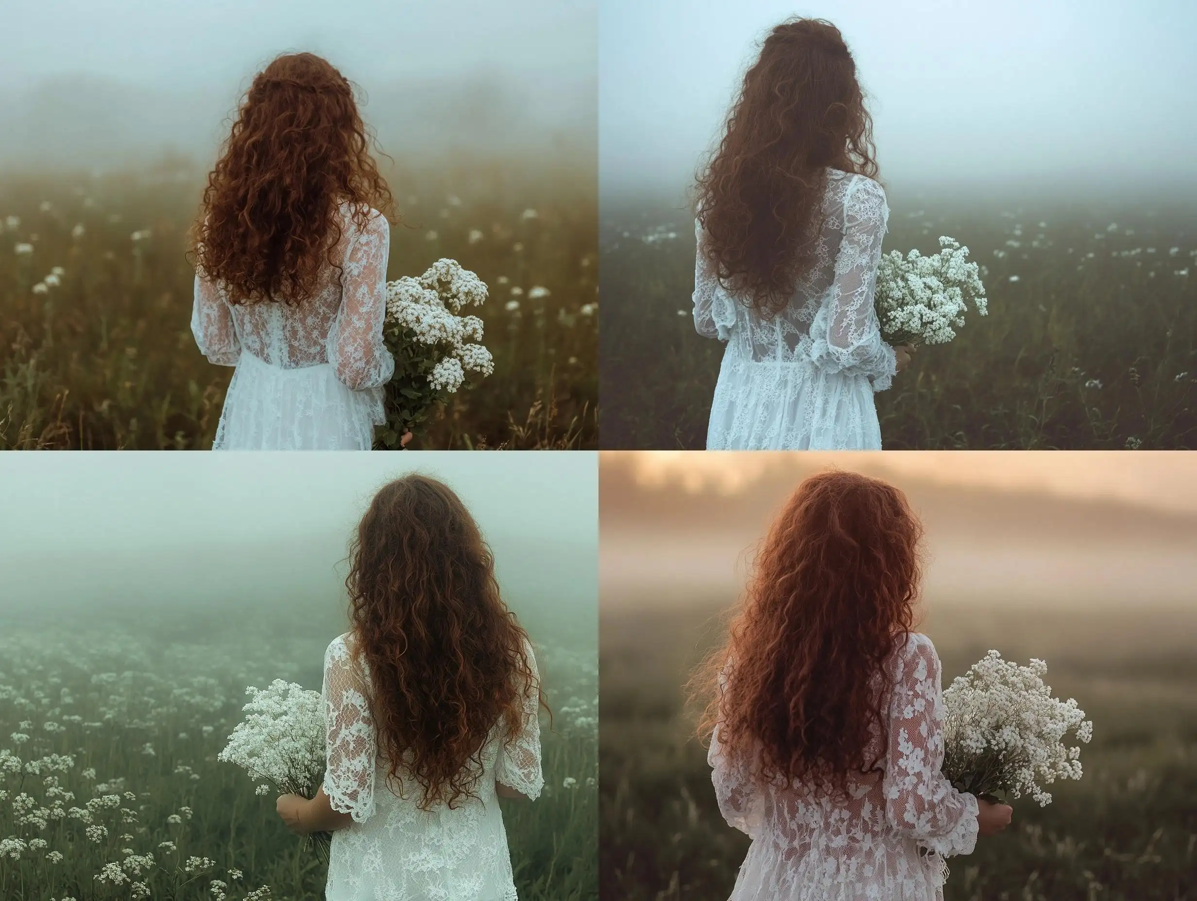 Magical-Scene-of-a-Girl-with-Burgundy-Hair-Contemplating-Dawn-in-Foggy-Field