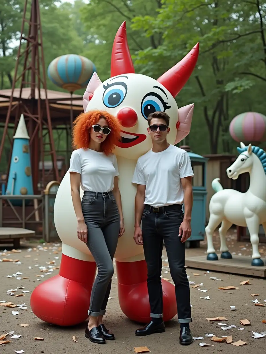 A photograph taken in an abandoned amusement park setting features two individuals standing side by side next to a large inflatable character. The woman on the left has bright orange curly hair, wearing round dark sunglasses with silver frames and bold red lipstick. She's dressed in a white t-shirt . Her outfit includes high-waisted dark gray skinny jeans and shiny black leather loafers or slip-on shoes. To her right stands a man with wavy brown hair styled back, also wearing round dark sunglasses with dark frames and sporting slightly disheveled hair. He's dressed in a loose-fitting white t-shirt  His outfit consists of black skinny jeans rolled up at the ankles and matching black leather loafers or slip-on shoes. Both wear dark sunglasses. Between them stands a massive inflatable character resembling a clown animal, predominantly white with striking red accents on its horns, nose, mouth, and feet. It has large blue eyes with long eyelashes, thick blue eyebrows, and a cheerful expression. Its legs are red cylindrical shapes, while its tail is blue. The ground around them is covered with debris, including scattered paper fragments and small broken pieces of wood, adding to the dilapidated atmosphere. In the background, various old carnival rides and structures can be seen, including a white horse statue on the right and large spherical objects in sky blue and pastel pink near the center-left. A tall blue rocket-shaped structure is visible among the rusty metal framework of a ride. Dense green trees fill the upper part of the scene, creating a natural backdrop. The lighting is soft and diffused, casting an even illumination across the subjects without harsh shadows. The overall mood is whimsical yet slightly eerie, capturing a sense of nostalgia amidst decay in this once-thriving amusement park now showing signs of abandonment.