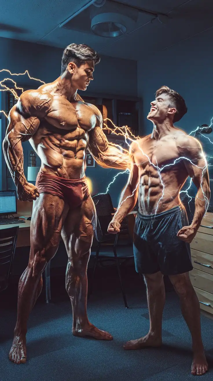 In a dorm room at night. A hugely ripped 27-year-old musclegod with awesome superpowers and an average 20-year-old guy stand reverently face to face. The musclegod gives luminous golden energy and electricity to the average guy. The average guy is overwhelmed with ecstasy as the energy courses through his muscles, giving him superpowers like those of the musclegod. Photorealistic.