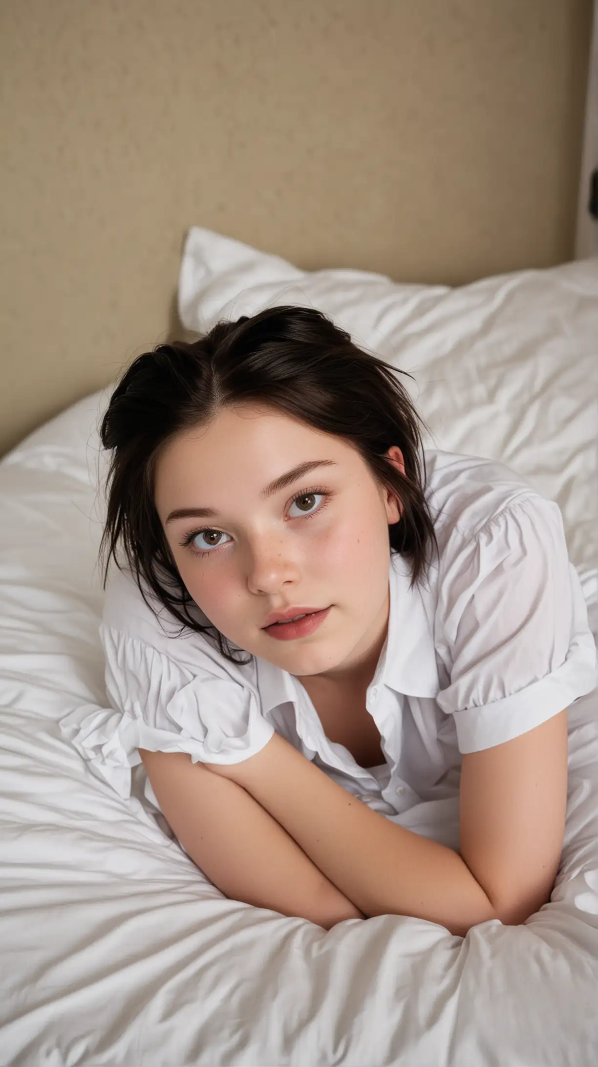 Teenage Girl Resting on Bed with Simple Attire and Brown Hair in Bun