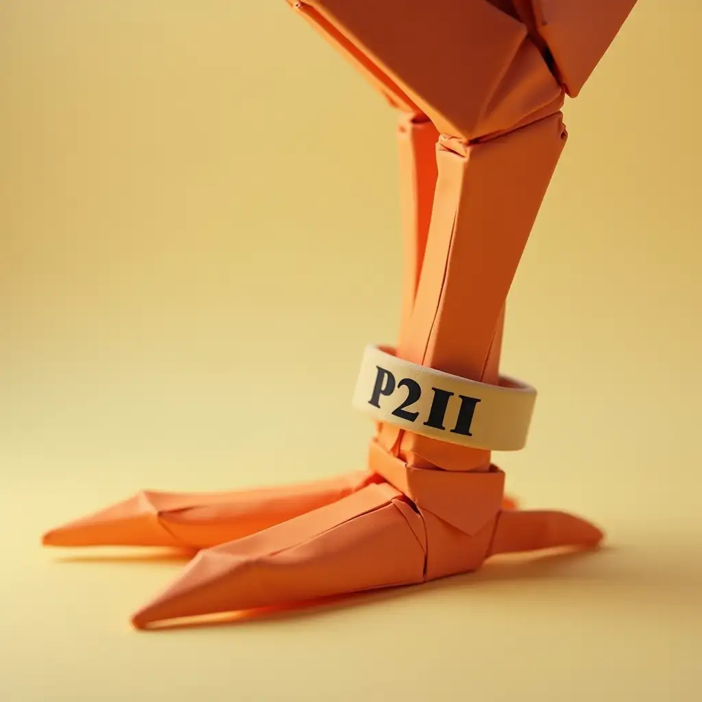 Cartoons 3D Origami a chicken foot in close-up with an identification ring around the leg. On the ring is written P2II