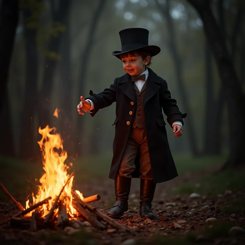 Victorian Boy Dancing by a Campfire at Night