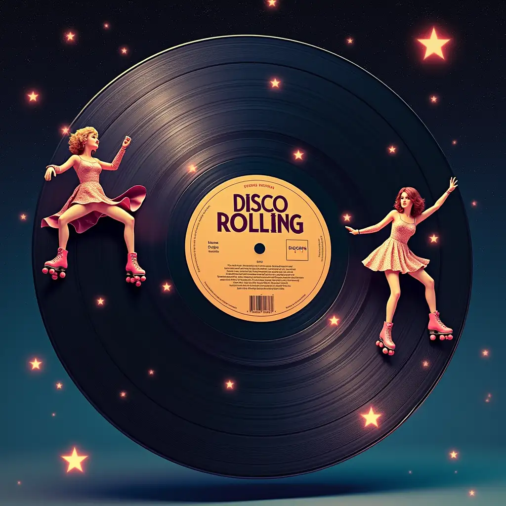 Disco-Roller-Women-Dancing-on-Vinyl-LP-Record-in-Outer-Space