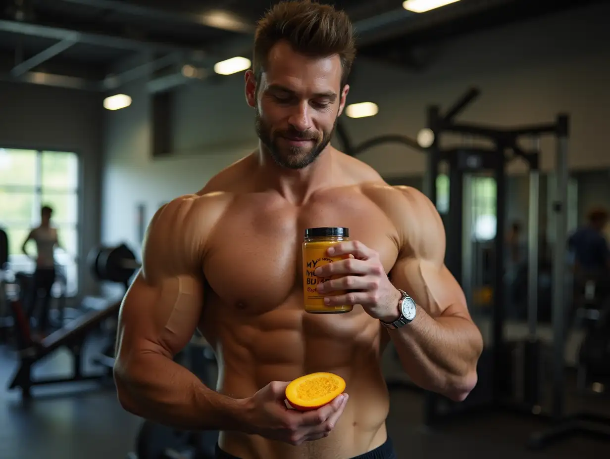 Make a bodybuilder who eats musclife peanut butter mango chia seed flavor inside of the gym