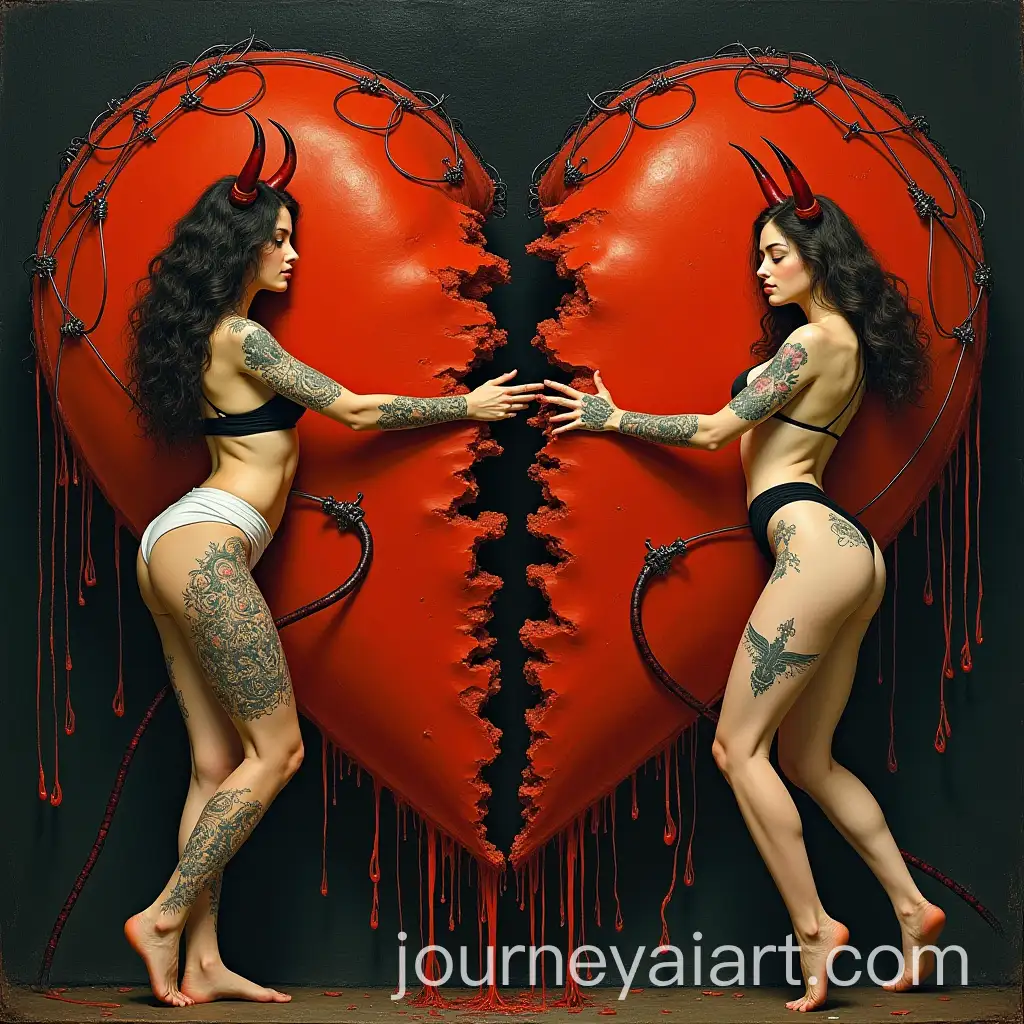 Dark-Fantasy-Art-of-Tattooed-Girls-with-Devil-Horns-Ripping-Heart-Encircled-by-Barbed-Wire
