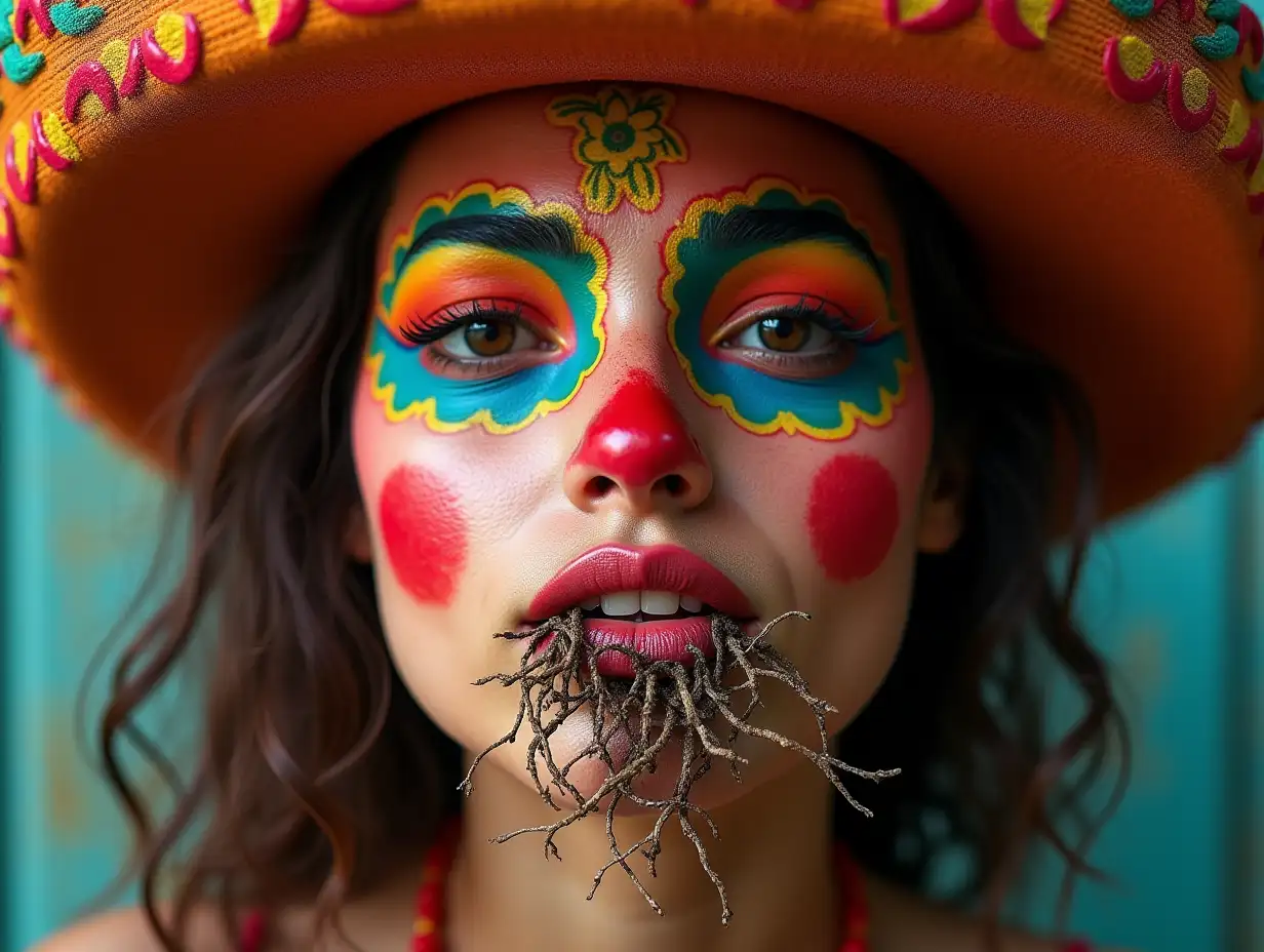 Face with colorful sombrero in mouth roots full body representation