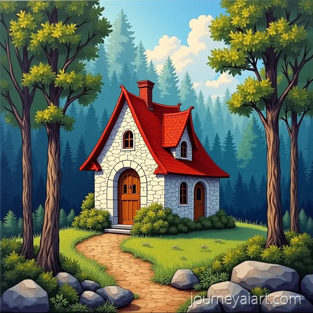 Paul-Signac-Style-Painting-of-Secluded-House-in-Forest-on-Rocky-Island