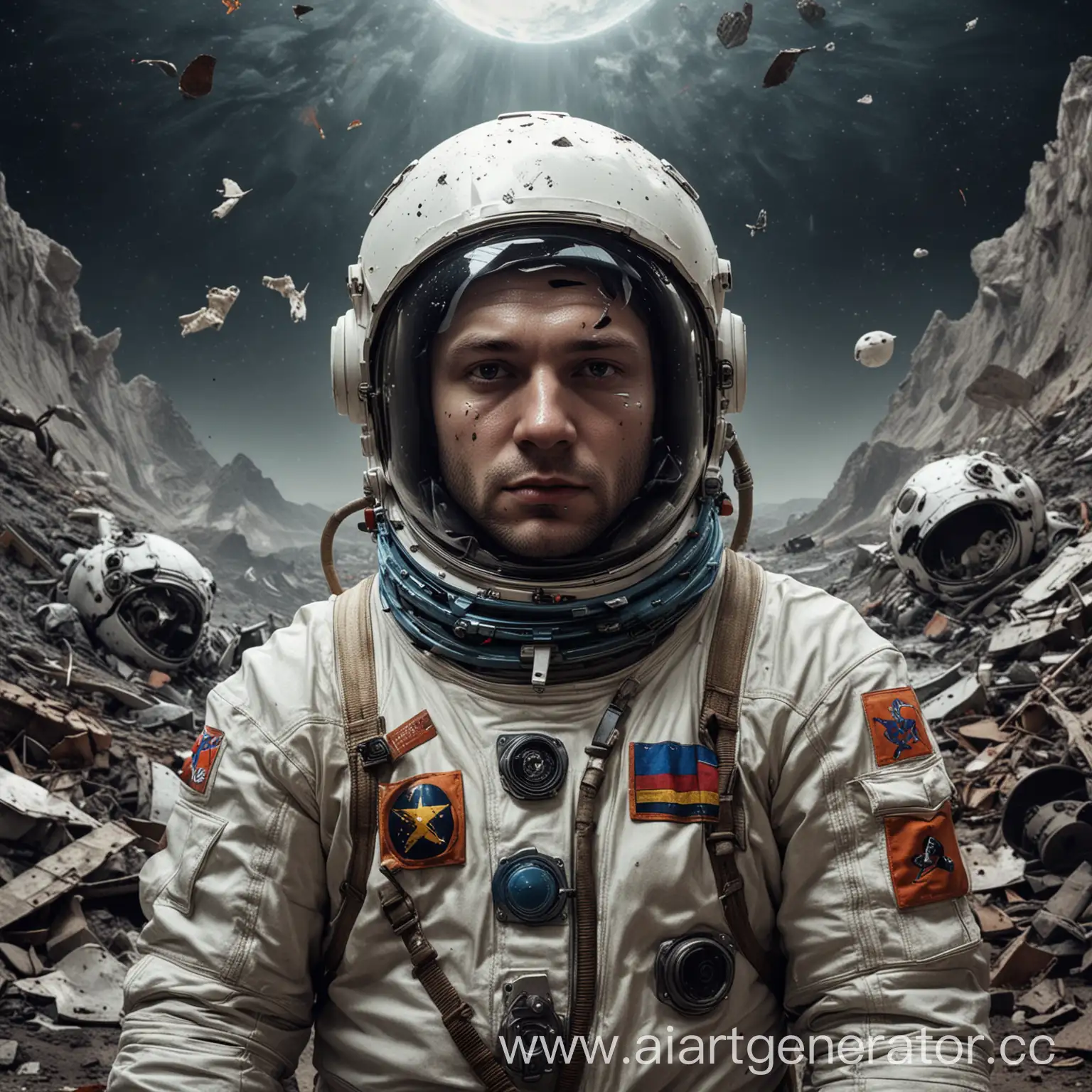 Cosmonaut-Floating-in-Space-with-Broken-Helmet-and-Crashed-Lada-14-Background