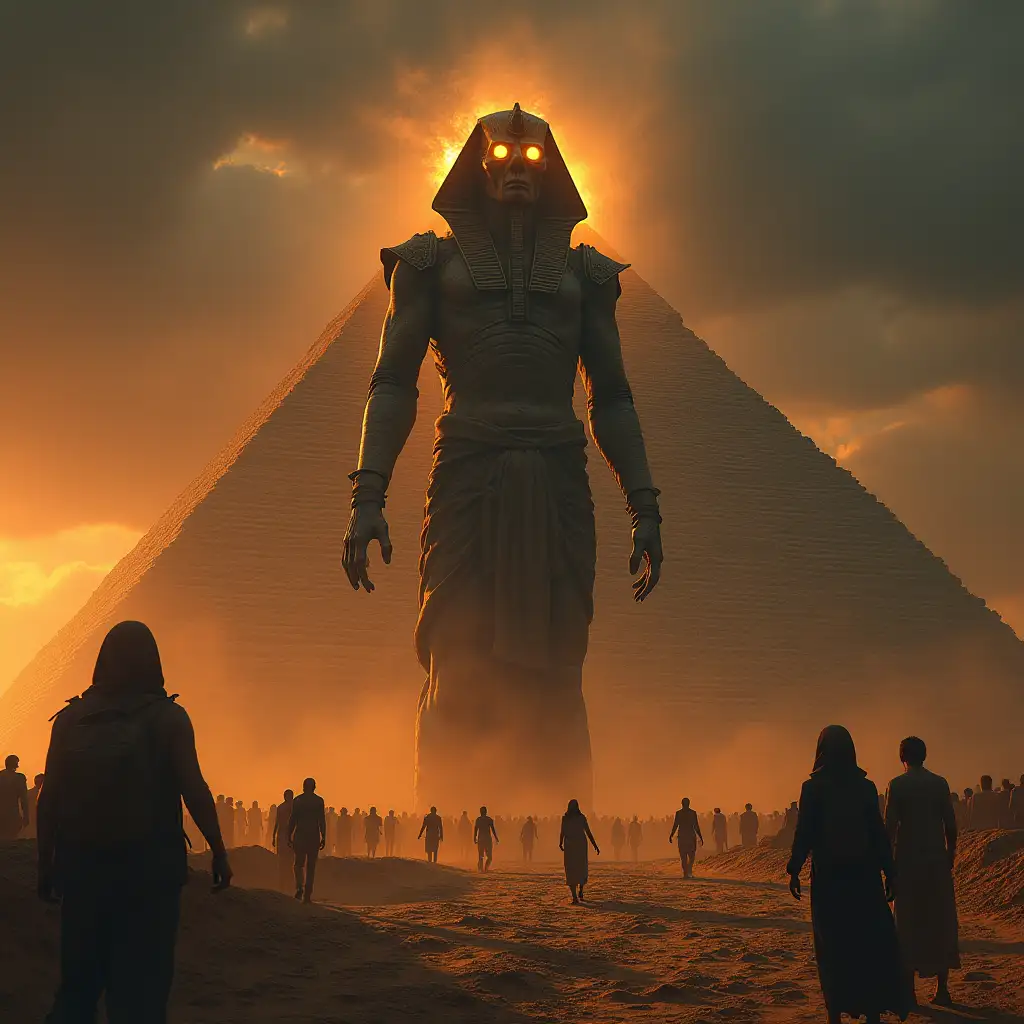 Mummy titan,totenkopf glowing eyes 12 meters high at the Egyptian pyramids,many people 