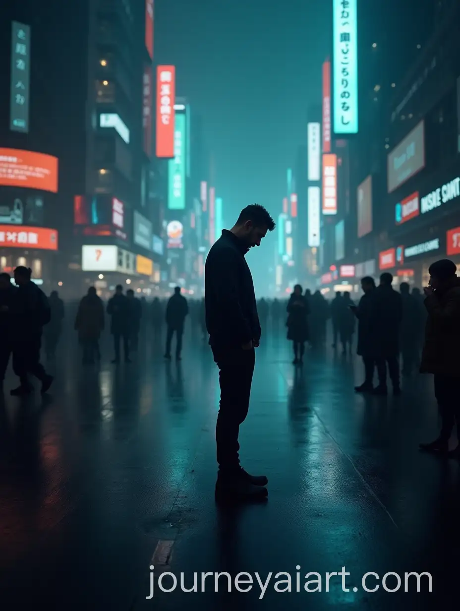 Lonely-Man-in-a-Neon-City-Surrounded-by-Distracted-Crowds
