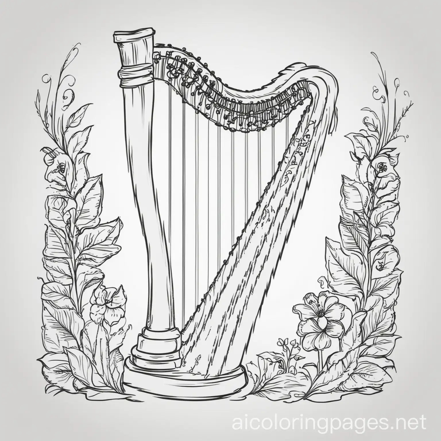 harp, Coloring Page, black and white, line art, white background, Simplicity, Ample White Space. The background of the coloring page is plain white to make it easy for young children to color within the lines. The outlines of all the subjects are easy to distinguish, making it simple for kids to color without too much difficulty