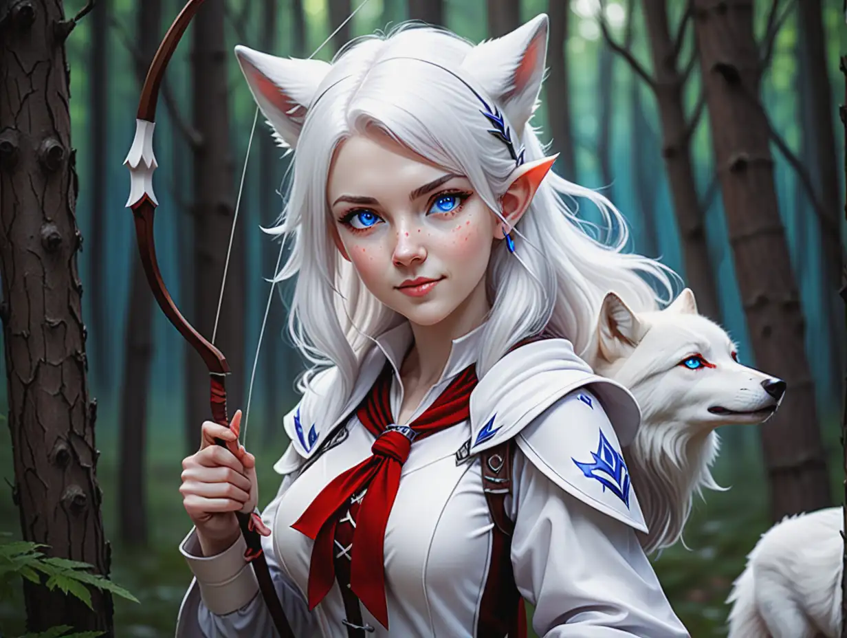 Cute-Woman-Mage-in-White-Archers-Uniform-with-Wolves-in-Forest-Setting