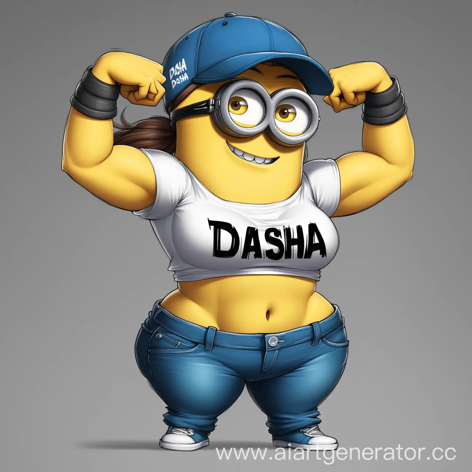 Muscular-Female-Minion-Character-in-Dasha-TShirt-Flexing