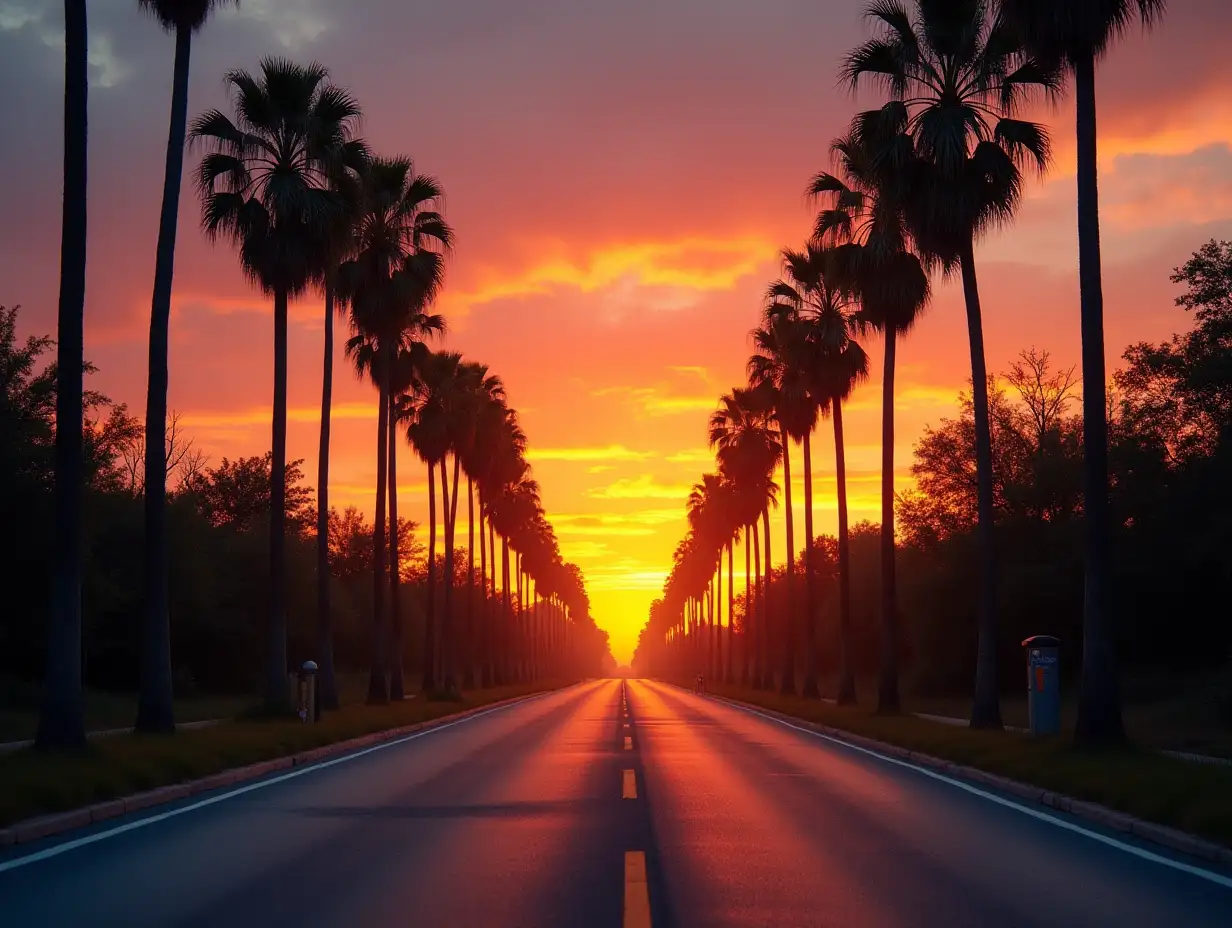 Scenic-Road-with-Palm-Trees-and-Stunning-Sunset