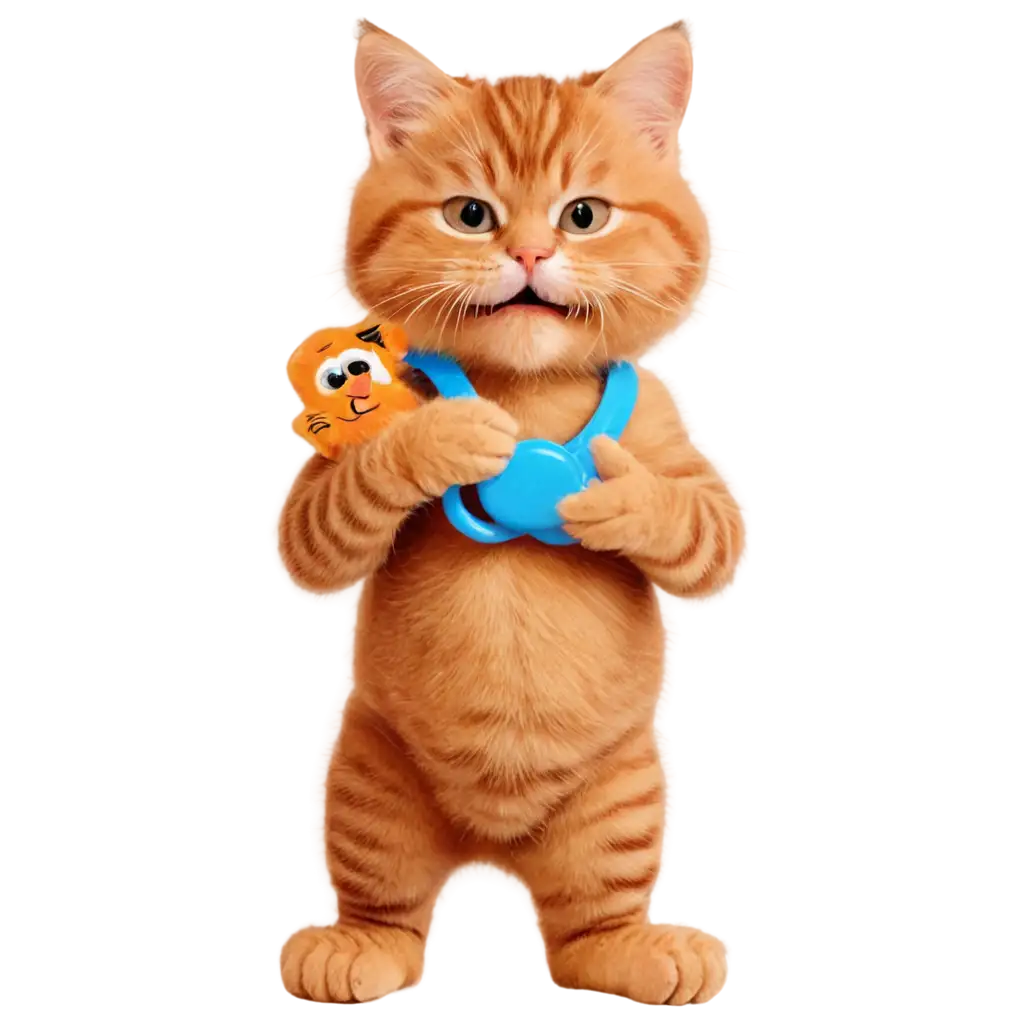 A Garfield cat carrying an infant baby boy with a pacifier in the mouth of the baby