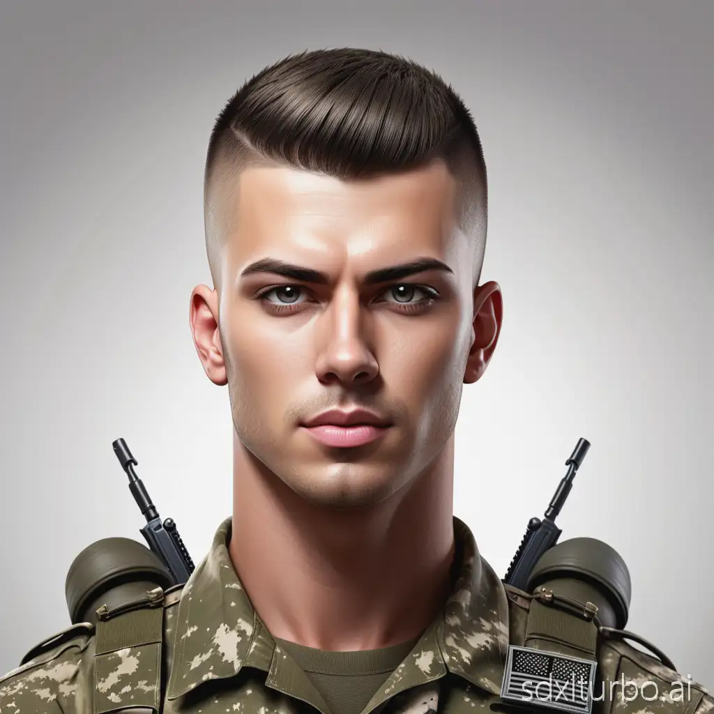 Generate a logo with a realistic masculine and sexy soldier, in crew cut hair style