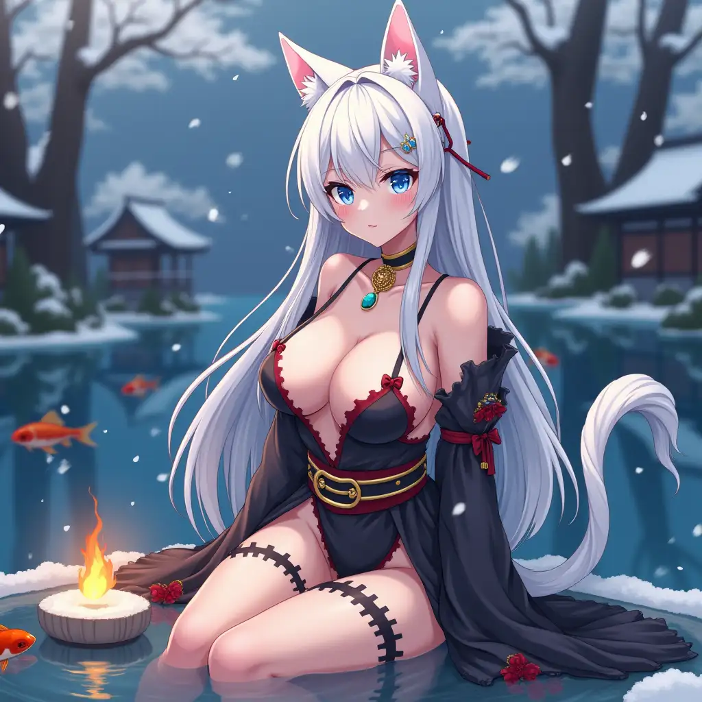 Anime mature adult woman with an hourglass body who looks like she is in her 30's with big breast, extreme cleavage, blue eyes, black and gold earrings, a choker around her neck, long white hair and white cat ears on her head. She is in a extremely revealing Miko outfit in the spring time sitting by a koi fish pond. The background is snowing with Japanese trees blowing in the wind. She light up small laterns for the event tonight.