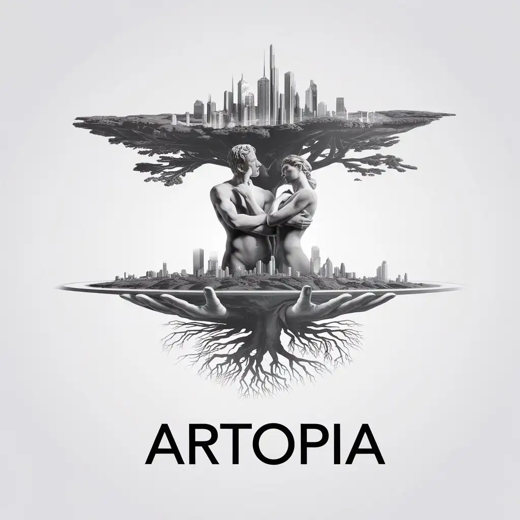 a vector logo design,with the text "Artopia", main symbol:About a terrestrial globe with statues of a naked man and woman thinking about a beautifully utopian city and looking at each other, around them there is a large tree whose branches seem to form a futuristic city and its roots in the shape of human hands delve deep into the earth,Minimalistic,be used in Construction industry,clear background