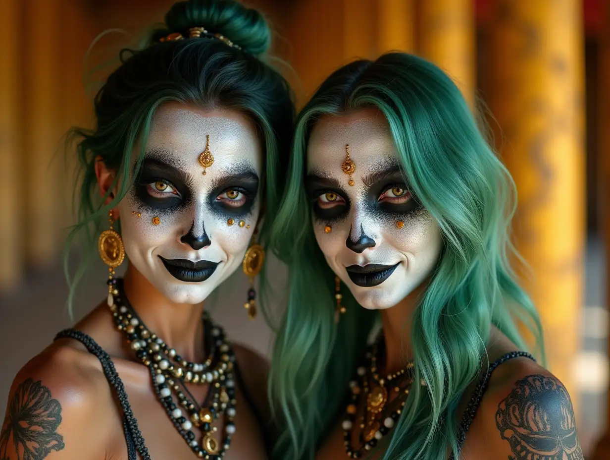 Two young black and white pattern women with alien face, with green hair, with a slight smile on their faces, highlighting their smiles, modern retro jewelry, in a temple with much gold in various shades 4k