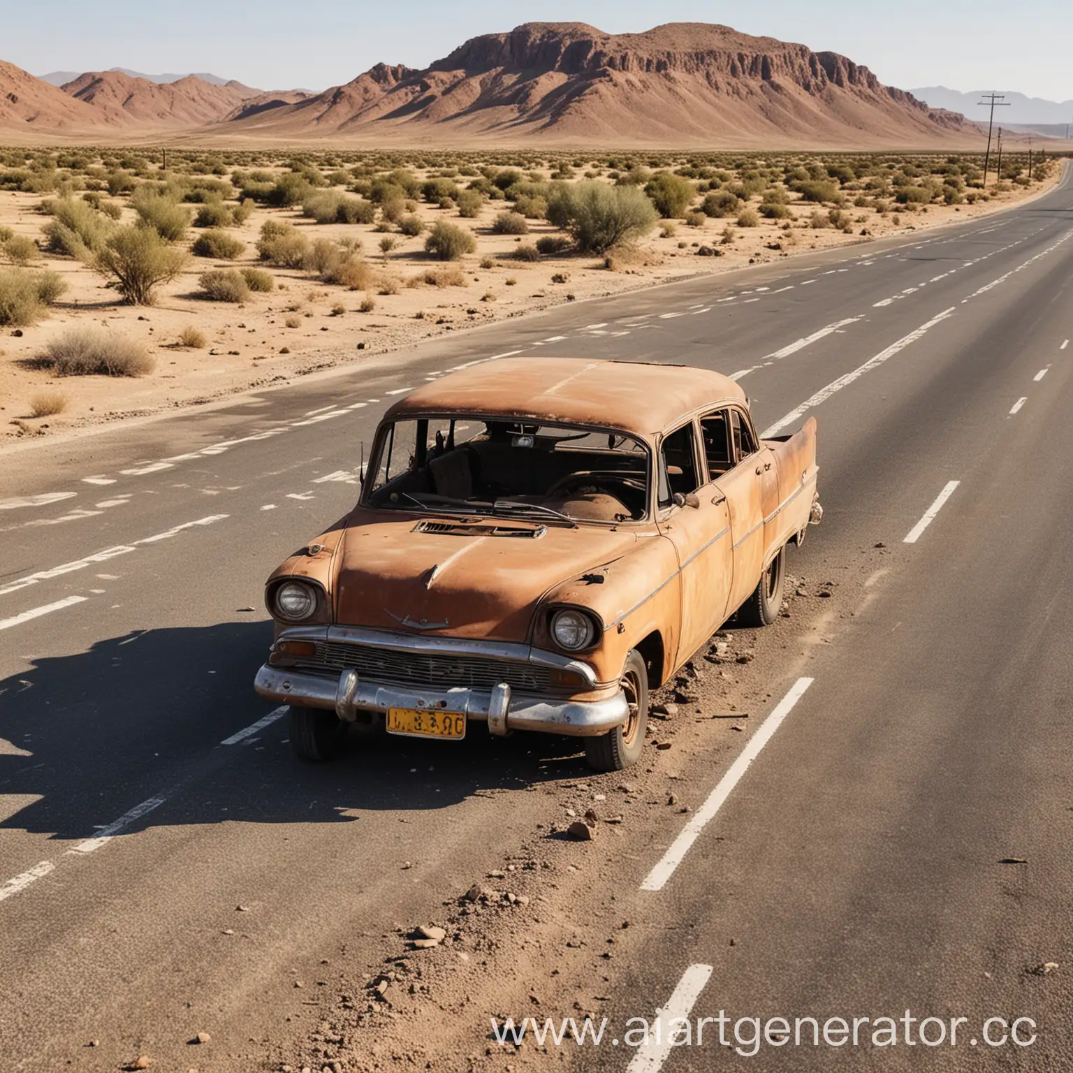 Deserted-Rusty-Car-on-Highway-in-Arid-Landscape