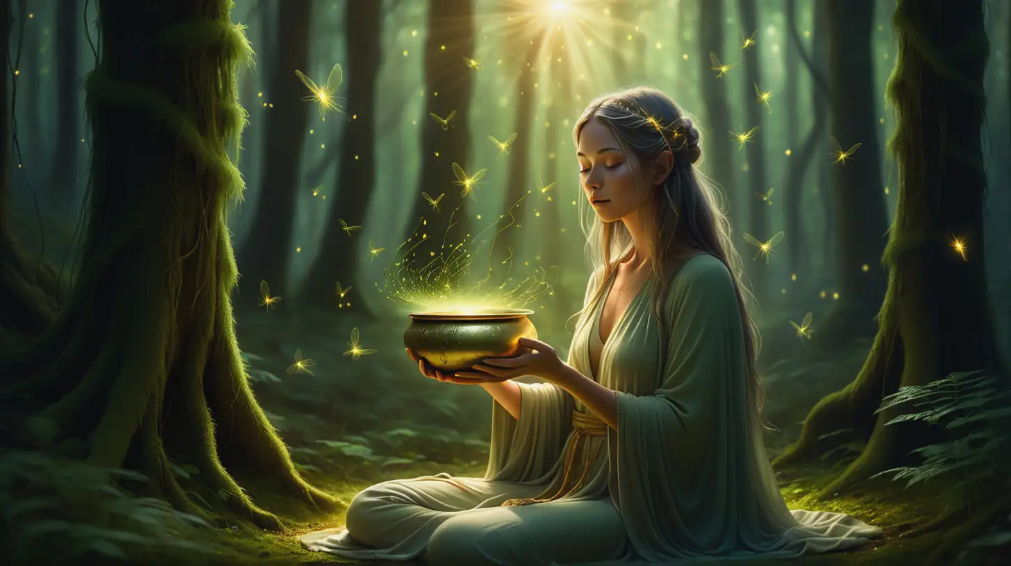 Serene Woman Meditating in a Mystical Forest at Dawn