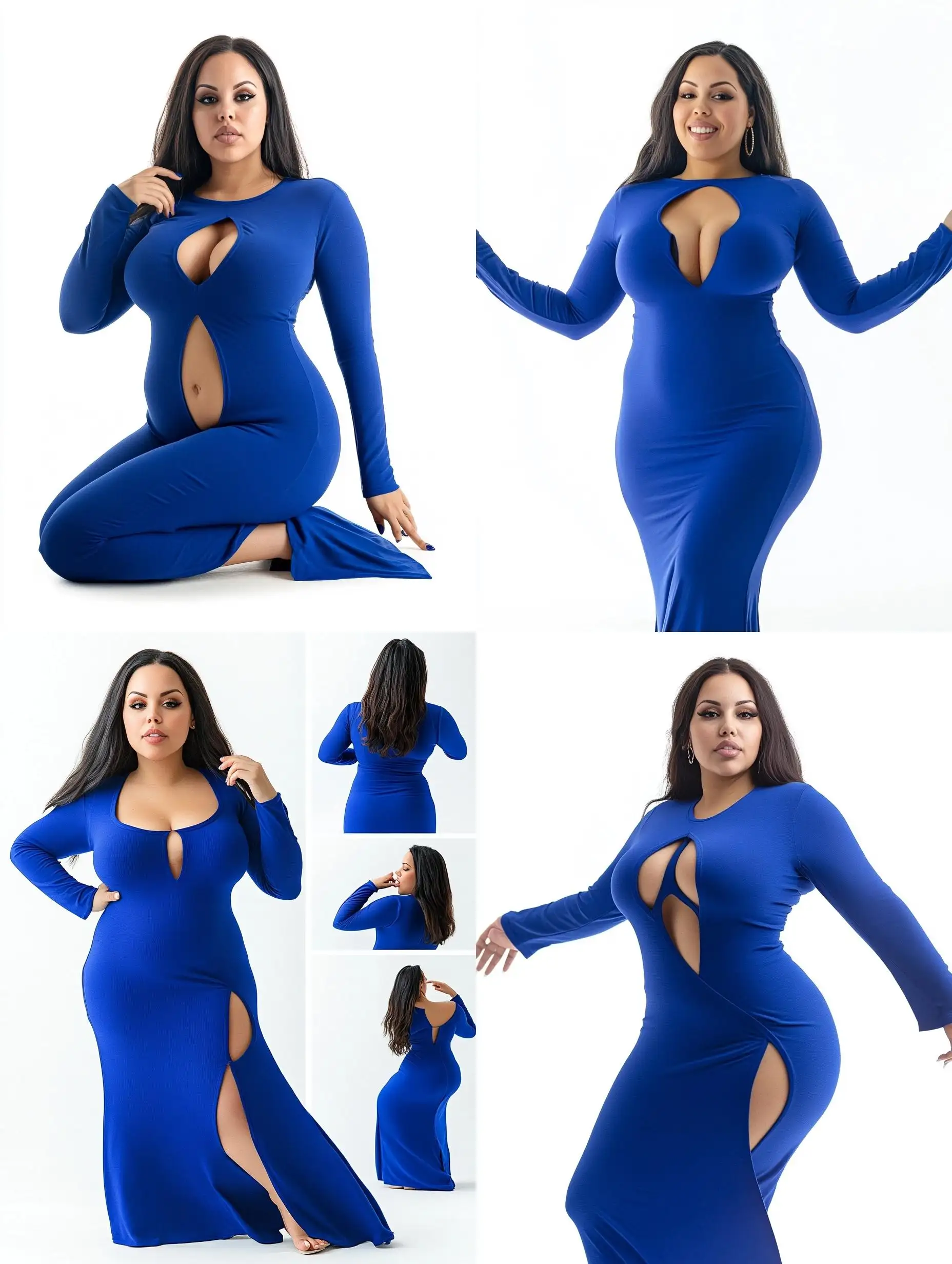 Fashionable-Girl-in-Blue-Long-Split-Dress-Poses-on-White-Background