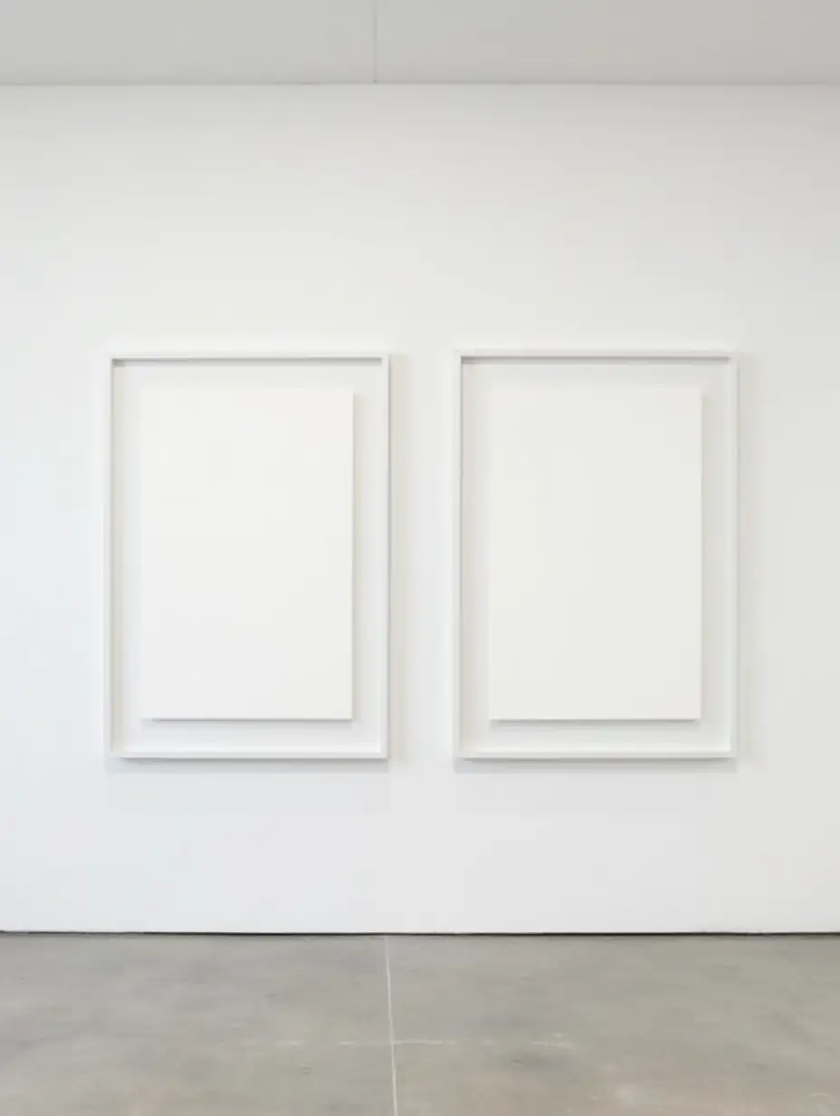 modern design nyc contemporary art gallery interior, displayed on white walls are two modern white frames, measuring 120 cm x 91 cm each