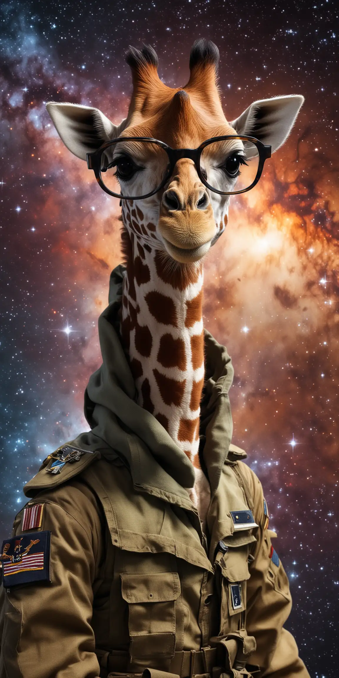 Baby Giraffe Wearing Glasses in Space as a Soldier