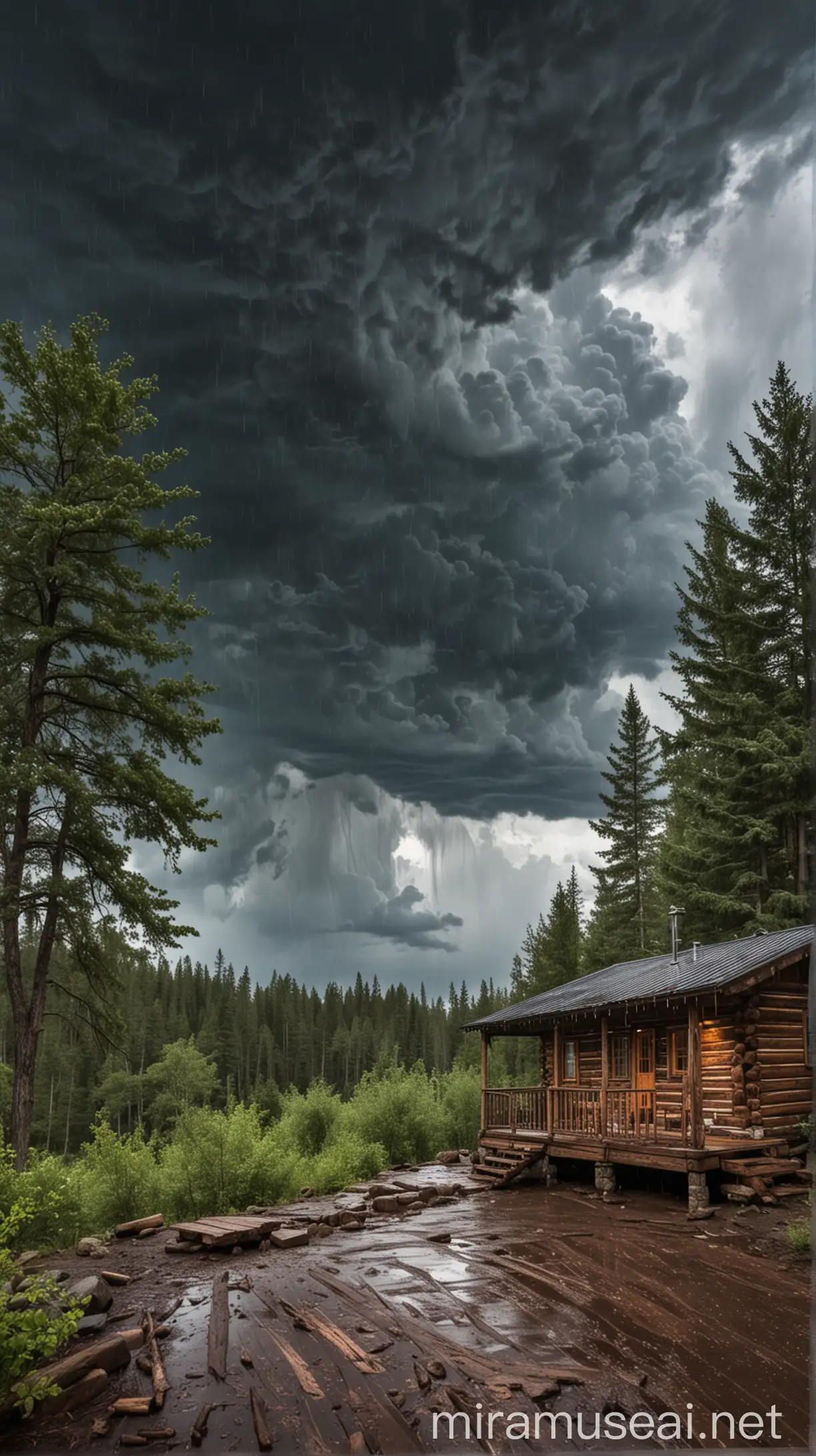 Thunderstorm over Wooden Cabin in Forest