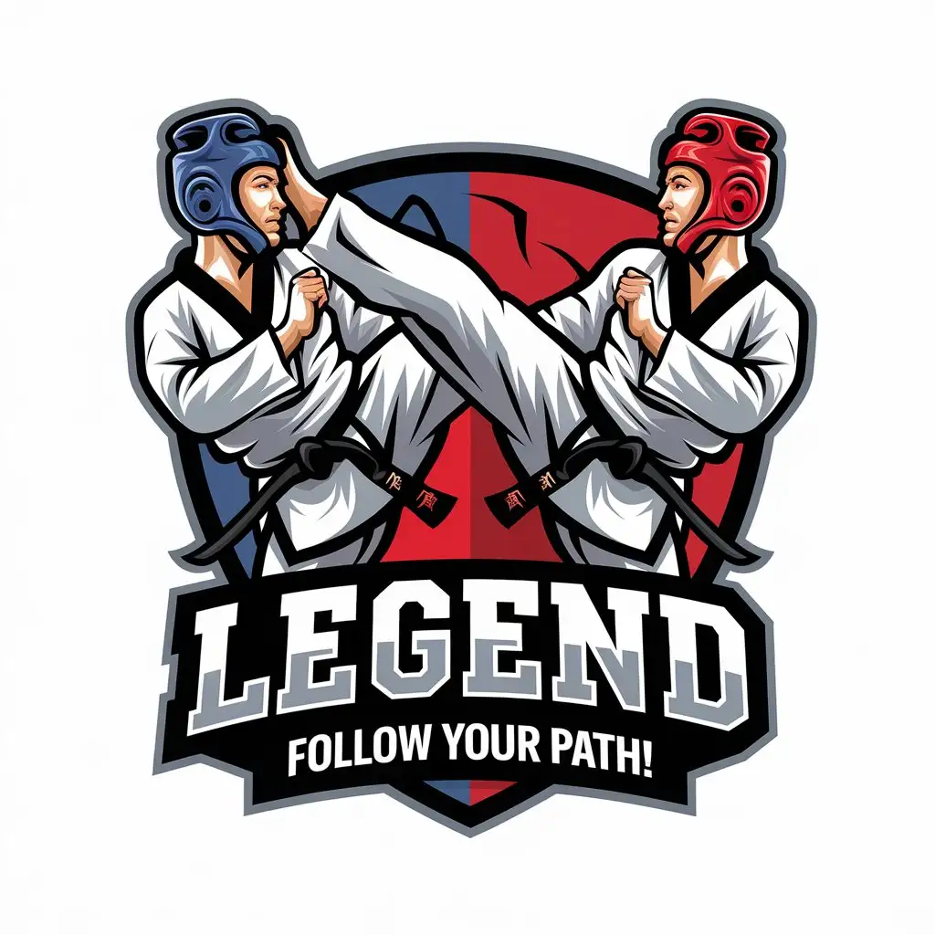 LOGO-Design-For-Legend-Follow-Your-Path-Vector-Design-with-Tae-Kwon-Doists-in-Blue-and-Red-Helmets