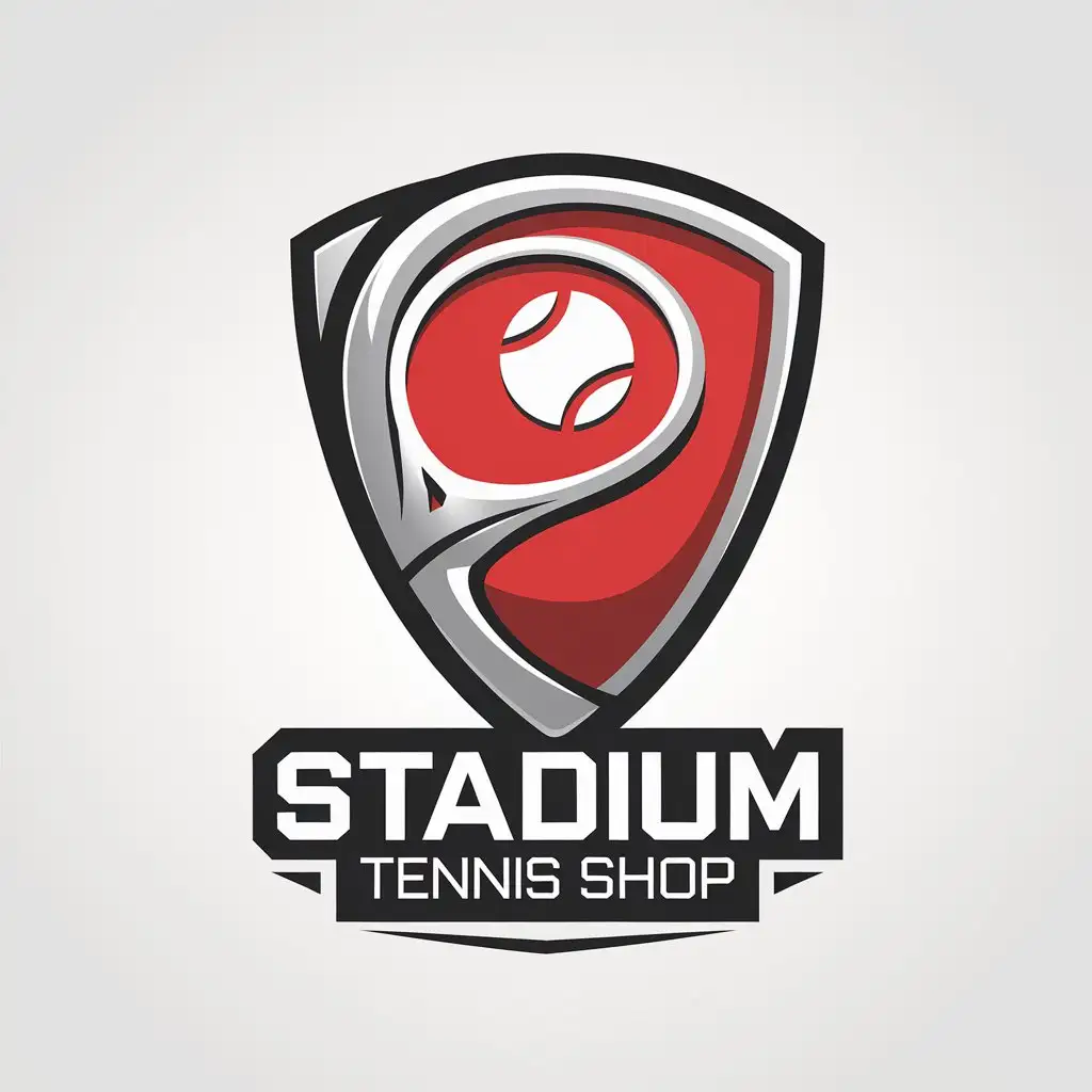 LOGO Design for Stadium Tennis Shop Modern Shield Logo with Red Black White Gold Color Palette