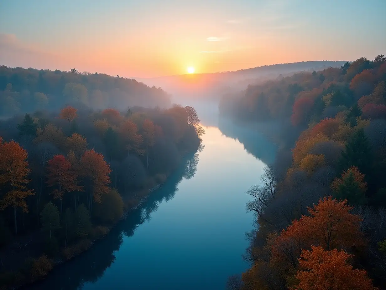 amazing panoramic view of blue foggy river and colorful forest on sunrise. autumn landscape